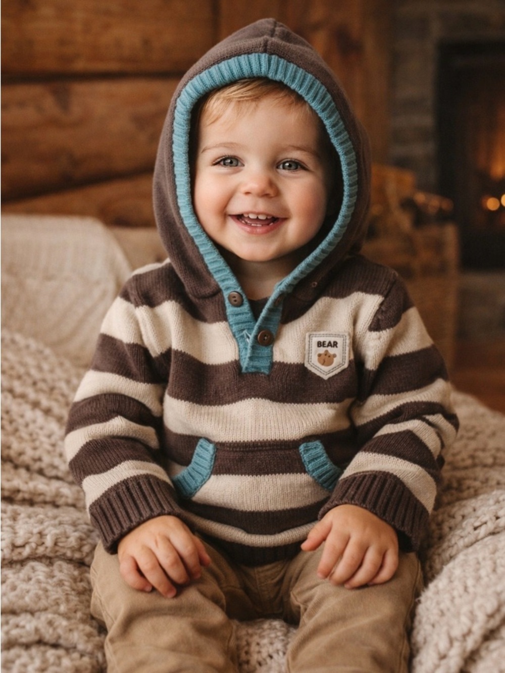 Baby Green Dog Bear Hoodie 🐻 Cozy Knit Sweater Neutral Stripes Fall Baby